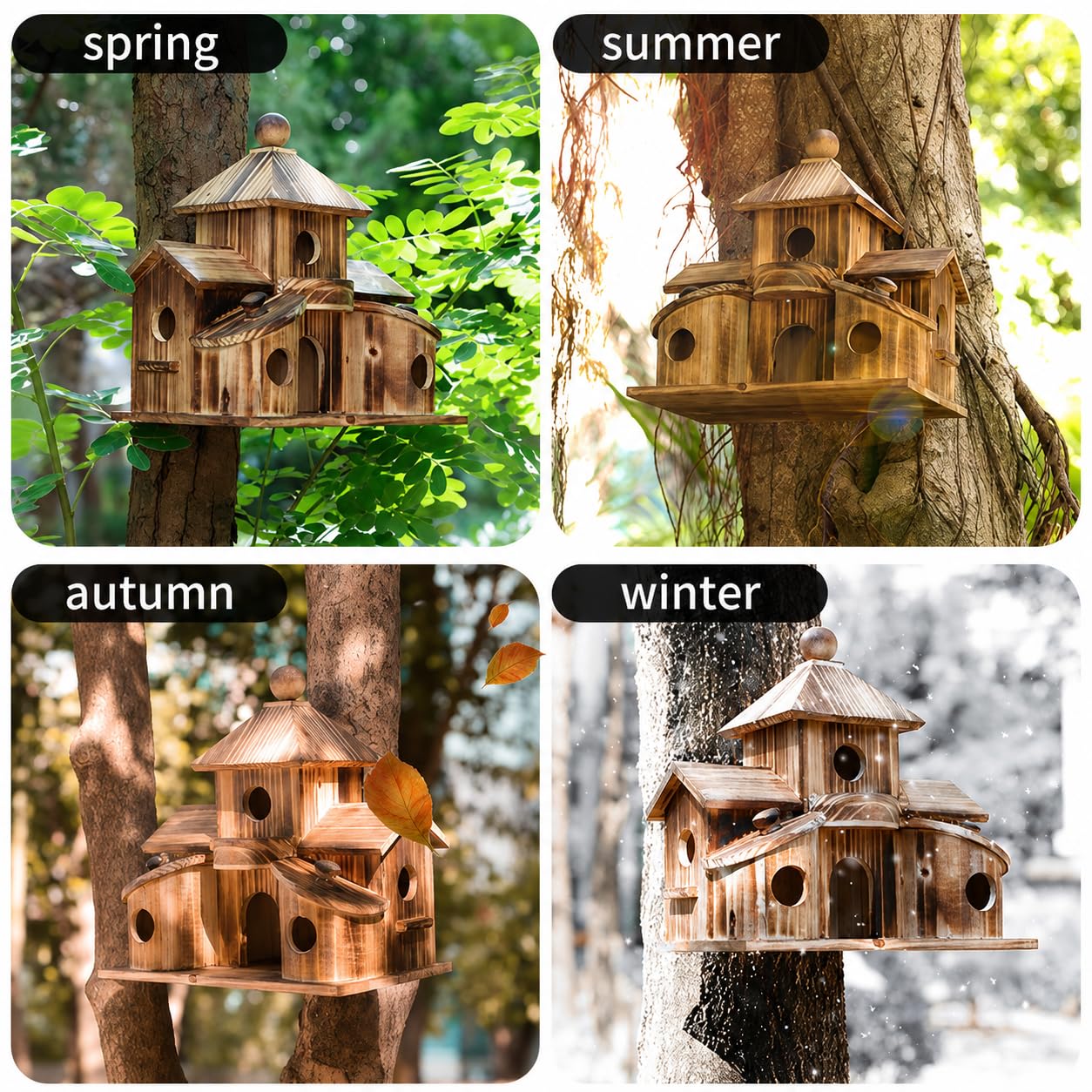 Bird Houses for Outside, Wooden 6 Hole Bird House Room for Multiple Birds, Outdoors Hanging Birdhouse Nesting Box for Garden, Bird Hotel for Wren Chickadee Sparrow