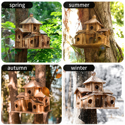 Bird Houses for Outside, Wooden 6 Hole Bird House Room for Multiple Birds, Outdoors Hanging Birdhouse Nesting Box for Garden, Bird Hotel for Wren Chickadee Sparrow