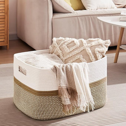 OIAHOMY Large Blanket Basket, 22”x17”x12” Rectangle Woven Baskets, Nursery Blanket Storage Living Room, Toy Storage With Handle, Large Baskets for Organizing-Yellow/White