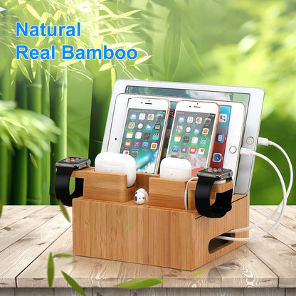 Pezin & Hulin Bamboo Charging Station for Multiple Devices, with Power Charger, Wire Cables 5 Pack, Compatible with Multi Phones & Tablet, for Earbuds & Smart Watch