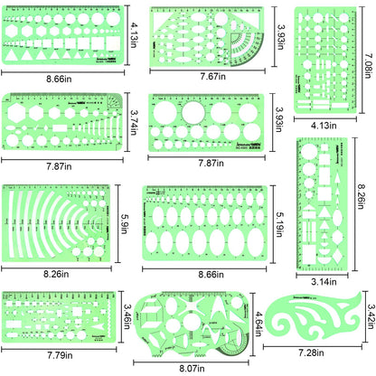 11PCS Geometric Drawings Templates, Drafting Stencils Measuring Tools, Transparent Green Plastic Ruler, for Architecture, Office, Studying, Designing