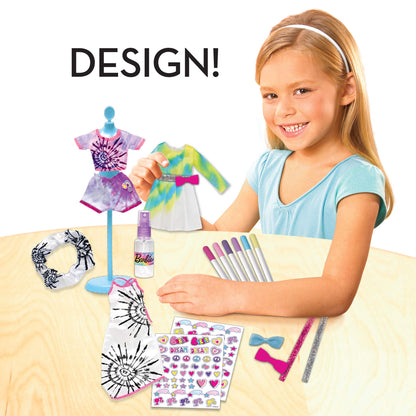 Tara Toys Barbie Tie-Dye Fashion Designer Kit – DIY Design Set for Girls with Dresses, Markers, Stickers & Tools – Create Real Barbie Outfits, Craft Activity for Kids Ages 6+
