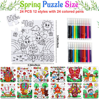 24Pcs Spring Crafts for Kids & Adults Bulk, Spring toddler Art and Craft DIY Puzzle Kits with Flower Butterfly Bee Bunny, Easter Jigsaw for School Classroom Activity April Party Favors & Gift Supplies