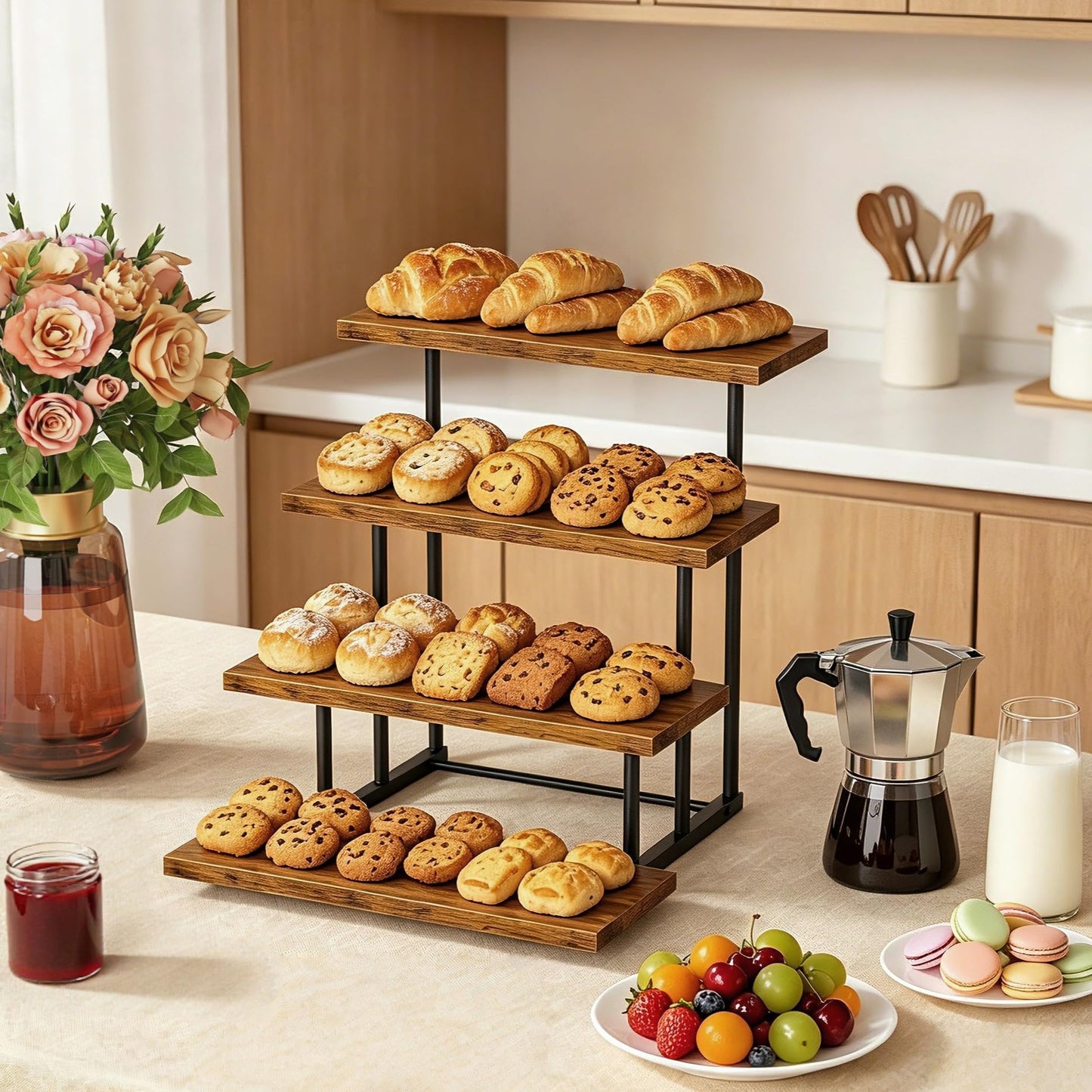 Emfogo Wooden Cupcake Display Stand, 4 Tier Rectangular Tiered Dessert Stands, Cupcake Display Risers for Vendor Booth Dessert Table Party Wood Serving Tray for Cup Cake Cookie Food (1 Pack)