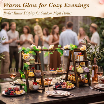 Purpeak Rustic Wooden Cupcake Stand with LED String Lights, 3 Tier Dessert Display Ladder with Swinging Tray, Solid Pine Serving Trays with Flower Vine for Wedding, Party, Birthday Event Table Decor