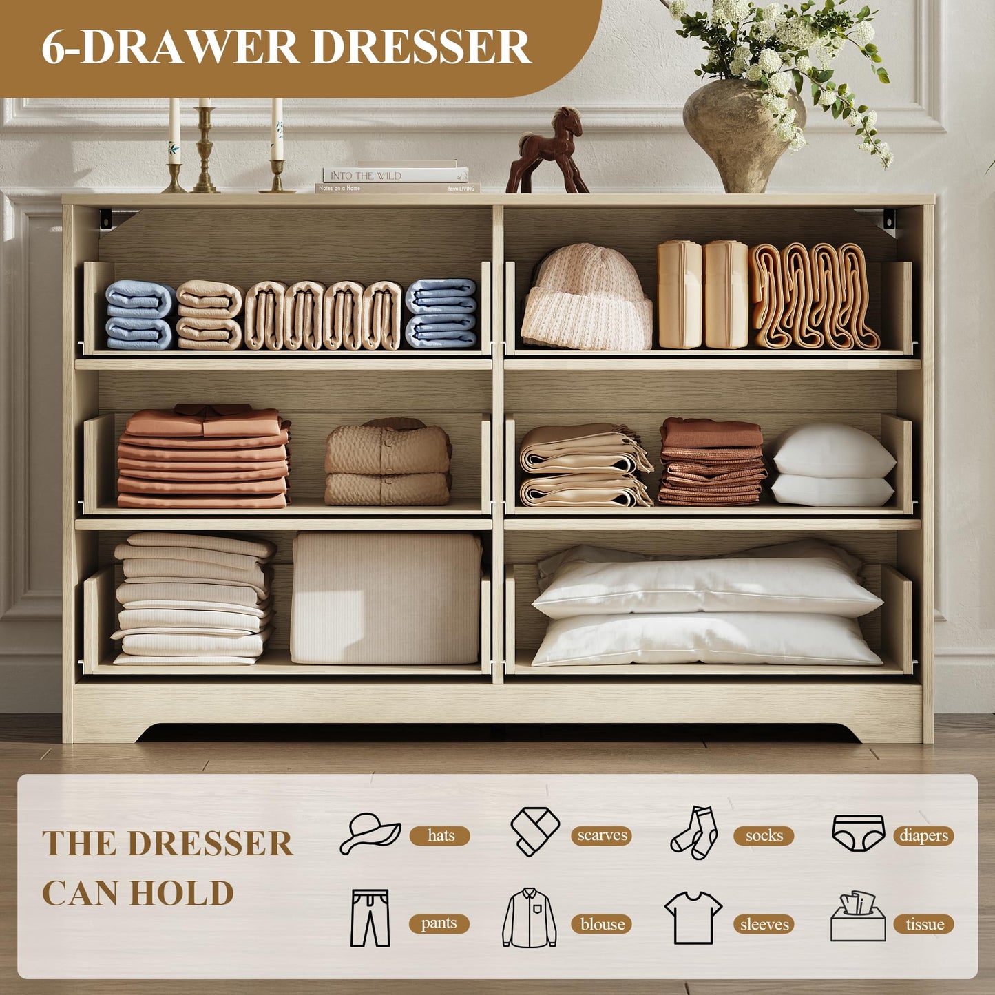 MALOL Coastline Fluted 6 Drawers Dresser for Bedroom, 48" Wide Modern Chest of TV Stand Organizers with Metal Handle, Storage Wooden Dresser Drawer for Living Room, Hallway, Closet, Natural Wood