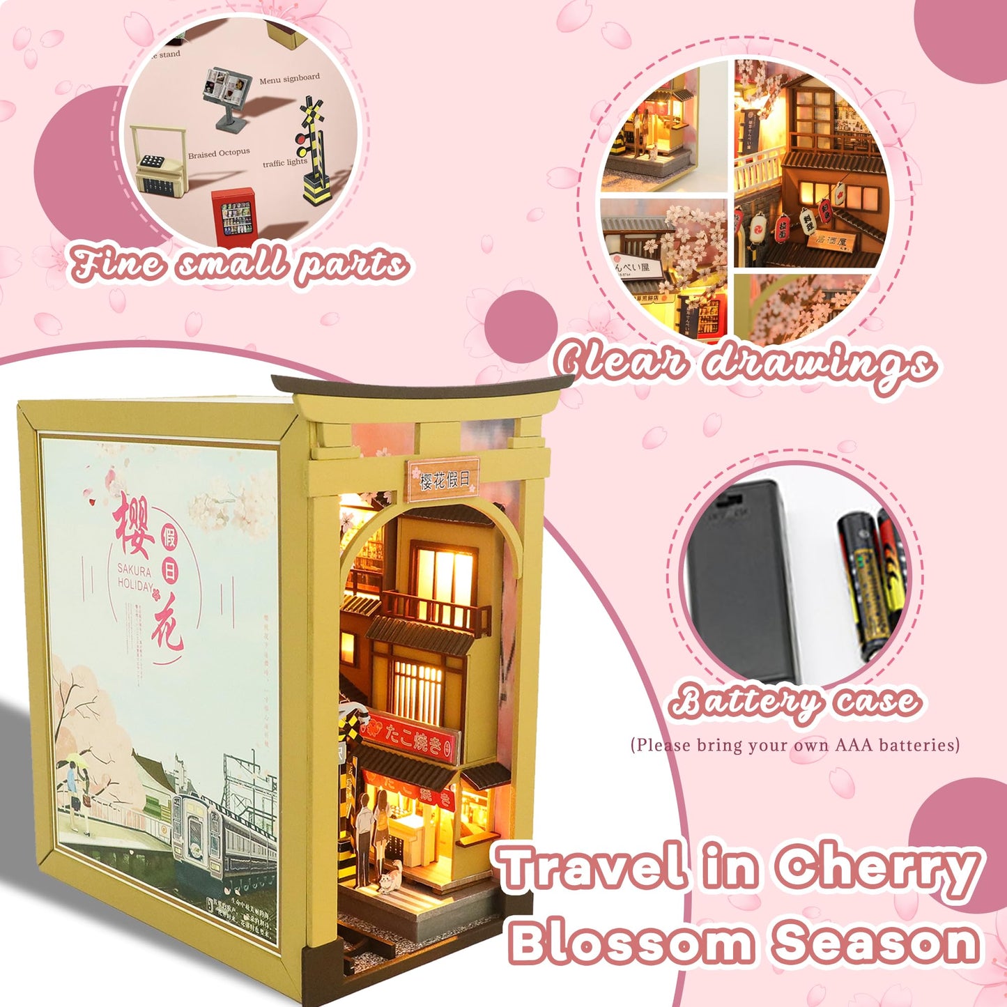 Flever Dollhouse DIY Book Nook Miniature Kit, DIY Booknook Bookshelf Insert Decor, 3D Wooden Puzzle Booknook Miniature Kit for Creative Assembled Bookends (Sakura Holiday)