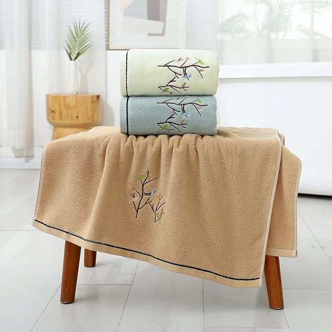 Pidada Bath Towel Embroidered Bird Tree Pattern 100% Cotton Soft Absorbent