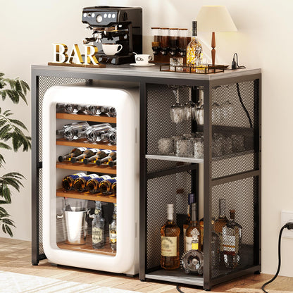 Homieasy Mini Fridge Cabinet with Power Outlet, Coffee Bar Cabinet with Mini Fridge Space, Industrial Liquor Cabinet with Wine Storage & Glass Holder for Dorm, Living Room, Home Kitchen, Light Oak