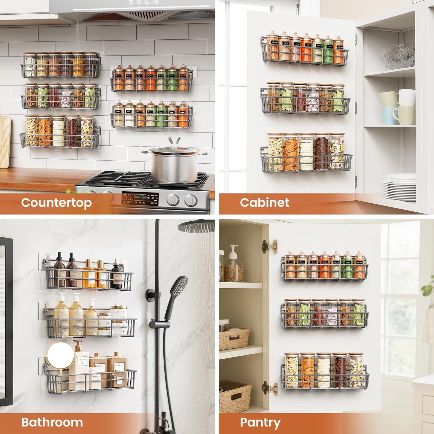 5 Pack Spice Rack Seasoning Organizer Wall Mount, Screw or Adhesive Hanging Shelf Basket Spice Organizer Shelf for Kitchen, Black