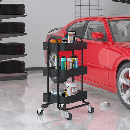 Metal Rolling Cart,3-Tier Metal Rolling Cart with Wheels,3 Tier Utility Cart with Wheels for Office,Home,Kitchen,Garden（13.4"x18.1"x31"） Black