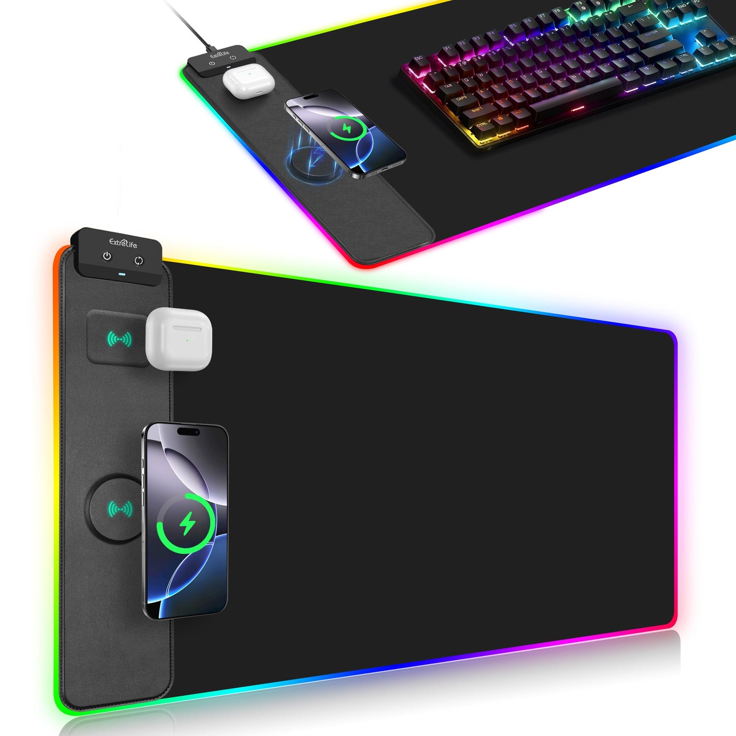 Wireless Charging Mouse Pad, RGB Gaming Mousepad, 31.5"x15.7" Extra Large Desk Pad, 13 Light Modes, Ultra-Smooth Surface, Non-Slip Base, Waterproof Computer Keyboard Mat for MacBook, PC, Laptop, Black