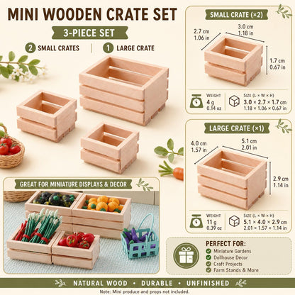 LOGOFUN 3pcs Dollhouse Mini Storage Basket Miniature Wooden Milk Crate 1/12 Tiny Fruit Baskets Model for Dollhouse Accessory - 1.2 * 0.9 & 1.9 * 1.6inch