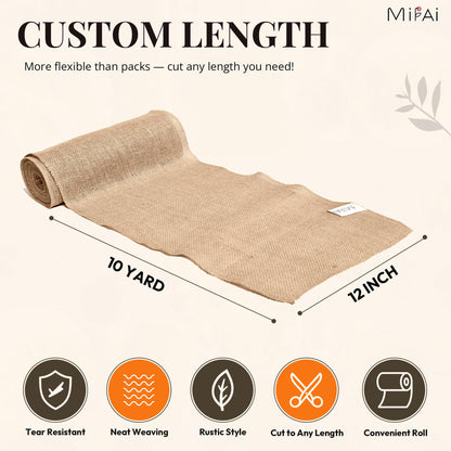 Mifai Burlap Table Runners 12in x 30 ft(10 Yards)-Cut to Your Length Burlap Roll -50 Yarns/10cm Density-Ecofriendly- Reusable- Perfect for Crafts, Décor, Gift Wrapping, DIY and Gardening