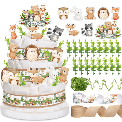 MotiMind Woodland Baby Shower Decorations DIY Diaper Cake Kit with Neutral Forest Animal Burlap Sage Green Leaf Ribbon Leaves Welcome Baby Gender Reveal Party Decor Mommy Gift(Card)