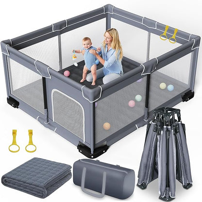 Jixrolyn Foldable Baby Playpen with Mat, Extra Large Playpen for Babies and Toddlers with Gate, Portable Baby Yard, Indoor & Outdoor Play Area 71"x59"