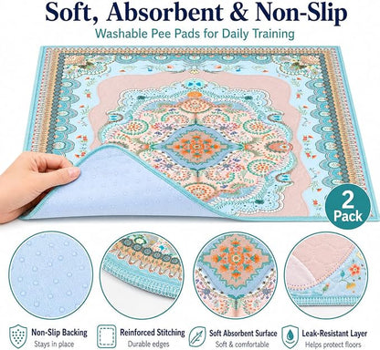 Aitmexcn Washable Pee Pads for Dogs, Reusable 24’’x 48’’ Waterproof Boho Mats for Puppy, Guinea Pig, Rabbit,Highly Absorbent,Ultra Soft, Non-Slip,Machine Washable,Stylish Design,2 Pack