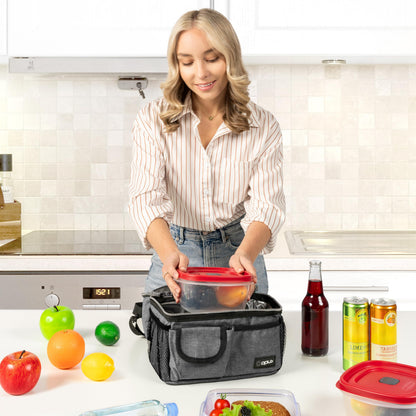 opux Insulated Lunch Bag Women Men, Dual Compartment Leakproof Lunch Box Adults Kids, Double Decker Meal Prep Bento Lunch Cooler Tote with Shoulder Strap for Work Office School Travel, Gray