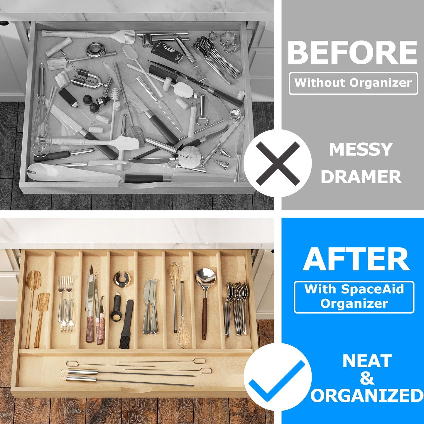WelFurGeer Solid Birch Wood Silverware Drawer Organizer, Wooden Cutlery Drawer Organizer, Utensil Tray for Kitchen Drawers, Kitchen Utensil Organizer for Silverware, Flatware, Spoons, Forks, Knives