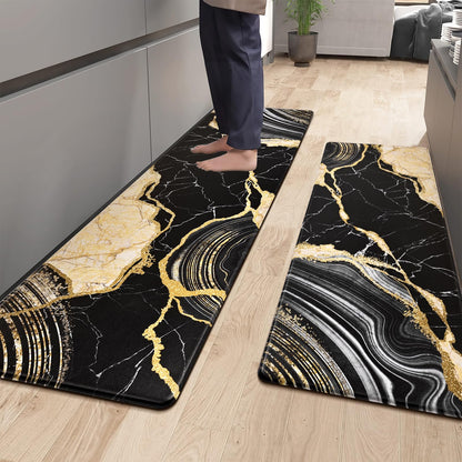 ASPMIZ 2 Piece Marble Kitchen Runner Rugs Set, Anti Fatigue Cushioned Kitchen Floor Mats, Black Gold Marble Kitchen Rugs Non Slip, PVC Waterproof Kitchen Mats for Sink, 18'' x 48'' + 18'' x 60''