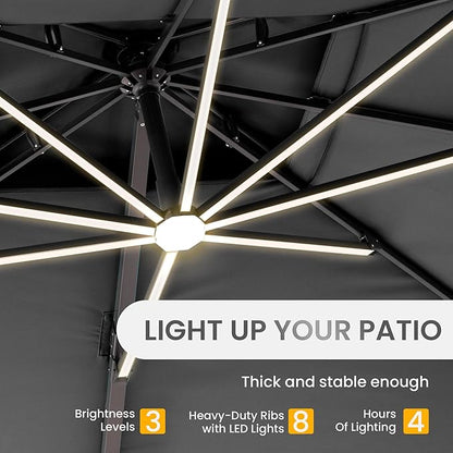 10 X 13 FT Cantilever Patio Umbrella with LED Lights Outdoor Heavy Duty Double Top Windproof Rectangle Offset Umbrellas with 360-degree Rotation for Pool Deck Backyard, Grey