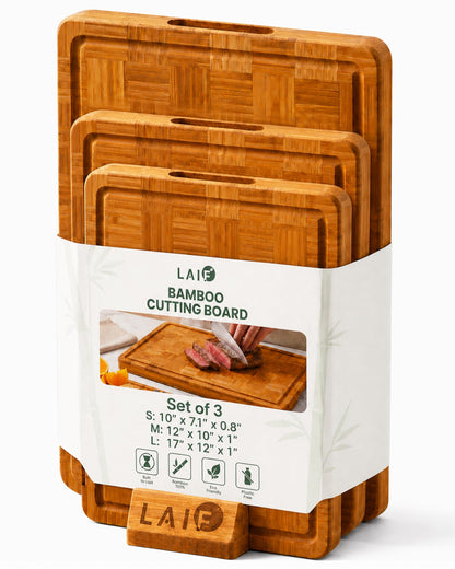 LAIFsolutions Wood Cutting Boards for Kitchen with Juice Groove, Eco-Friendly Wooden Bamboo Chopping board, Food-Safe, Non Plastic Tabla Para, Carbonized Butcher Block for Meat, Veggies Fruits, 3-Set