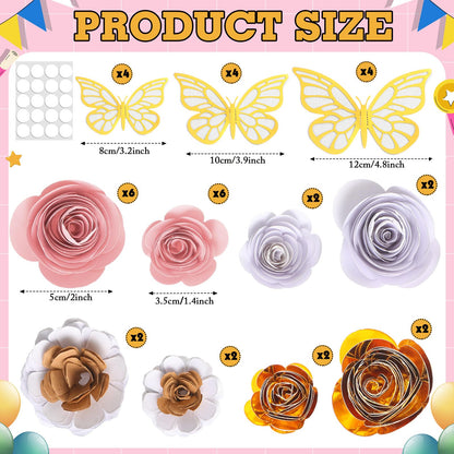 Dinifee 36 Pcs DIY Graduation Cap Decorations Accessory Kit Include Faux Paper Flower Heads 3D Butterfly Grad Cap Mini Paper Flowers Decorations for Grad Cap Topper DIY Graduation Gift(Pink, Gold)