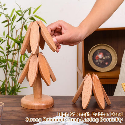 OKOM Wooden Trivets for Hot Dishes - 4+1 PCS Tree Shape Set, Foldable Hot Pot Holders for Kitchen Decor and Use (Beech)
