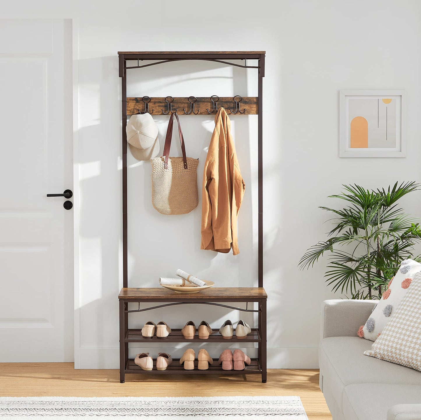 VASAGLE Coat Rack, 3-in-1 Hall Tree, Entryway Shoe Bench Coat Stand, Storage Shelves & Shoe Bench Rack, 3-Tier Storage Shelf for Entryway Hallway Living Room, Industrial Accent Furniture