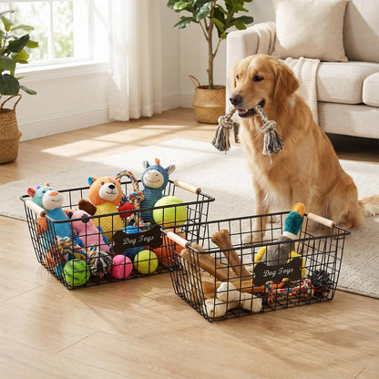 Bromjavol 2-piece Metal Dog Toy Basket with Wooden Handles, Indestructible Dogs Toy Storage Bin, Dogs Organizer Box for Living Room-Chew Proof-Ideal for Outdoor and Indoor-Black