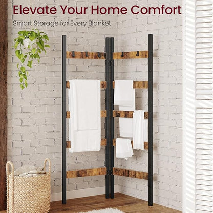 Foldable Blanket Ladder, 5-Tier Ladder Shelf, Decorative Ladder with 5 Removable Hooks, Wall-Leaning Blanket Holder for Towel, Scarves, Quilt Display Rack for Living Room, Rustic Brown