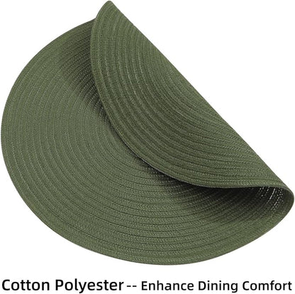 SHACOS Round Placemats Set of 12 Washable 15 inch Round Table Mats Cotton Polyester Woven Braided Place Mats for Dining Table Wedding Party Decor (Olive Green, 12)