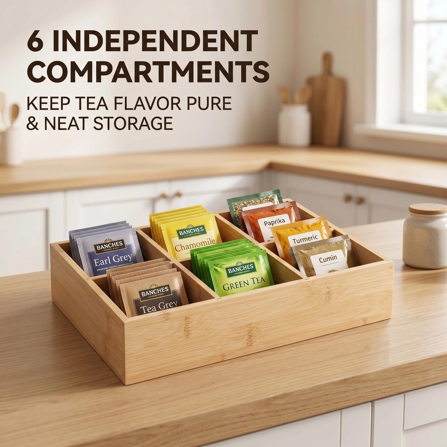 Ninebendstreams 2 Pack Bamboo Desk Organizer with Adjustable Dividers, Modular Wooden Storage Trays for Tea Bags, Snacks, Makeup Office Supplies Drawer Organizer Set for Home & Kitchen