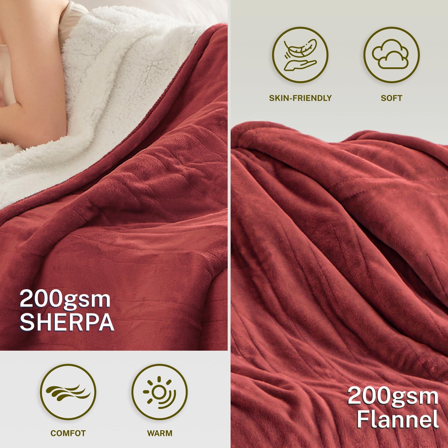 Heat Blanket 50”x60” Throw,Soft Flannel & Sherpa Reversible Electric Blanket with 10 Heat Settings,12 Timer Setting and 3 Hours Auto-Shut Off,ETL Certified Machine Washable,Light Brown