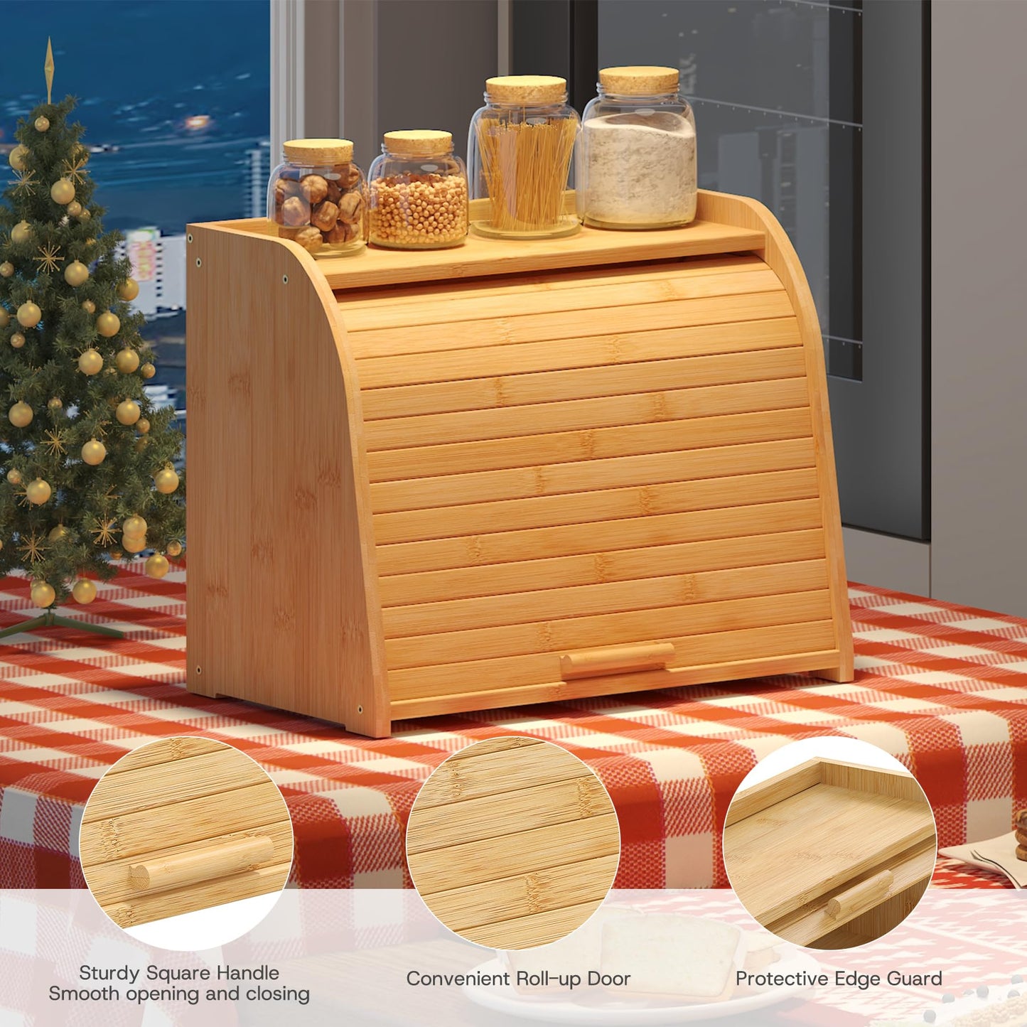 kiplant Bread Box for Kitchen Countertop, Large Bamboo Wood Bread Box, Wooden Corner Bread Storage Capacity