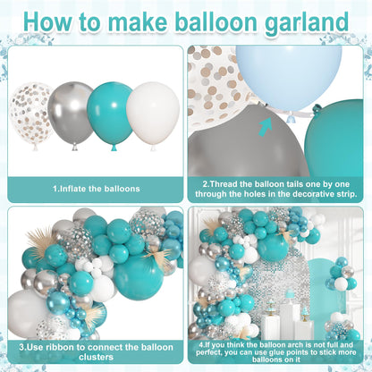 Ouddy Life Teal Silver White Balloons Arch Kit, 152 Pcs Turquoise Blue White Metallic Teal Silver Confetti Balloon for Graduation Wedding Bridal Baby Shower Birthday Anniversary Party Decorations
