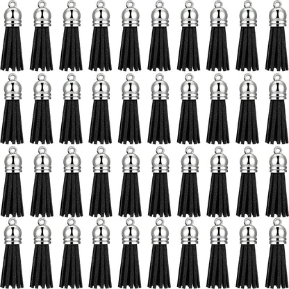 200 Pieces Keychain Tassels Faux Suede Leather Tassel Pendants Keychain Decoration Tassels with Loop for DIY Crafts Making Supplies (Black)