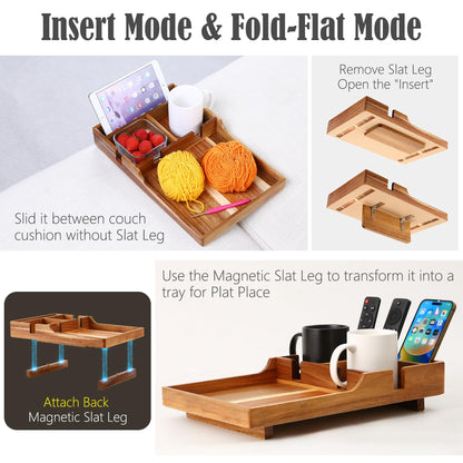 Nnewvante Couch Tray Insert with Cup Holder,2-in-1 Insert & Flat Sofa Organizer Acacia Wood with 2 Cup Holders,Fits Middle Couch or Ottomans,for Snacks, Drinks, Remotes,15.35x9.84-inch