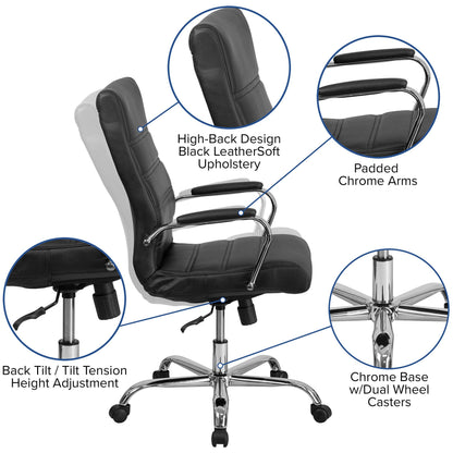 Flash Furniture Whitney High-Back Swivel LeatherSoft Desk Chair with Padded Seat and Armrests, Adjustable Height Padded Office Chair, Black/Chrome