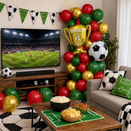 Red and Green Soccer Balloons, 12 Inch Green and Gold Soccer Balloons with 22" Soccer Foil Ball Gold Trophy Balloon for Boys Men Sports Theme Birthday Football Game Day Party Decorations Supplies