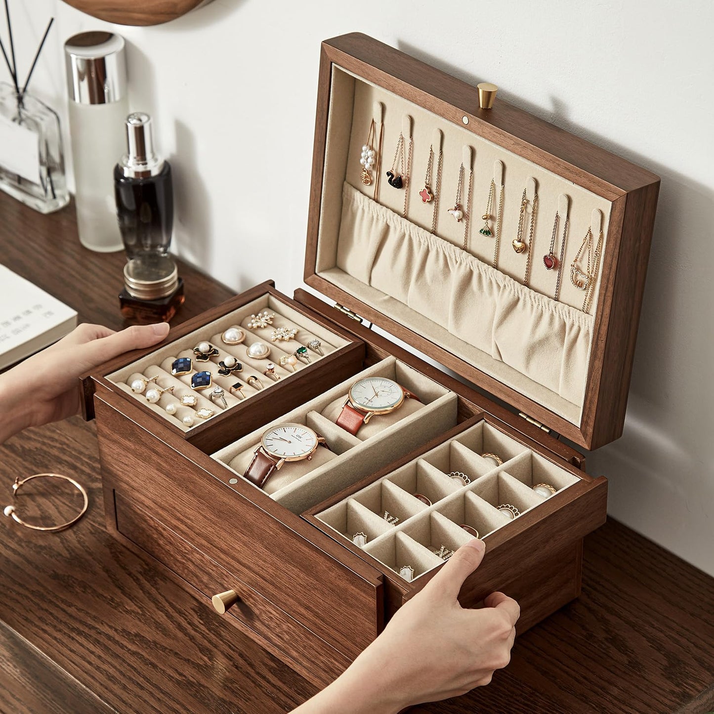 CHOSIN Black Walnut Wooden Jewelry Box for Women, 3 Level Multi-functional Drawer Organizer Box Watch Necklace Ring Earring Storage, Ideal Gift for Her, Fathers Day Gif