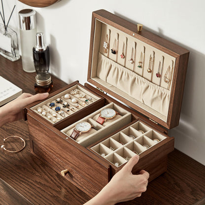 CHOSIN Black Walnut Wooden Jewelry Box for Women, 3 Level Multi-functional Drawer Organizer Box Watch Necklace Ring Earring Storage, Ideal Gift for Her, Fathers Day Gif