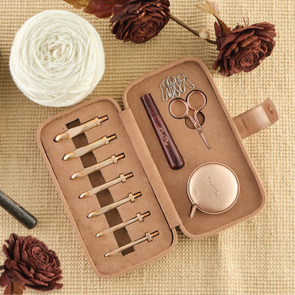 KnitPro Oasis Chunky Crochet Set - 1 Wooden Handle, 7 Hooks in Sizes 5.5mm to 10mm, 1 Rose Gold Scissors, 1 Tape Measure, 10 Metal Locking Stitch Markers, 1 Gripper