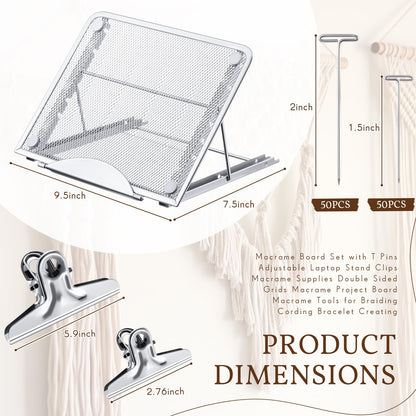 Tandefio 104 Pcs 12x16 Inch Macrame Board and Metal Adjustable Holder with T Pins Clips Macrame Project Supplies Tools Double Sided Grids for Braiding Cording Bracelet Creating
