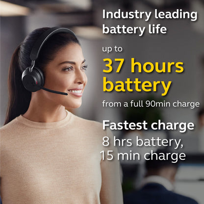 Jabra Evolve2 65 MS Wireless Headphones with Link380a, Stereo, Black – Wireless Bluetooth Headset for Calls and Music, 37 Hours of Battery Life, Passive Noise Cancelling Headphones