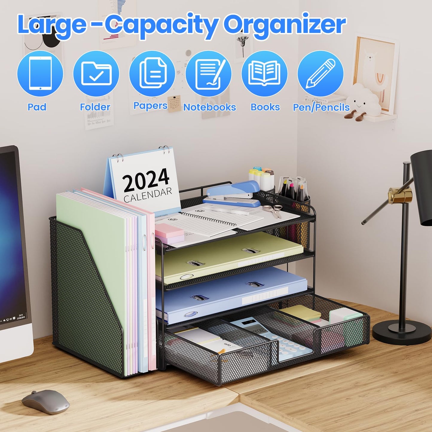 OPNICE Desk Organizer and Accessories, 4-Tier Desktop File Organizer with Drawer and 2 Pen Holders, Office Desk Accessories for Office Supplies(Black)