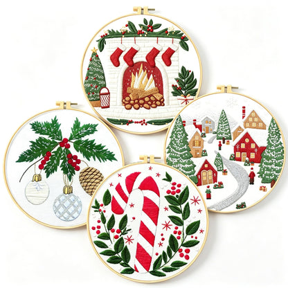 Zhenqing Christmas Embroidery Kit for Beginners - 4 Piece 29x29cm Round Designs with Embroidery Hoop, Threads & Tools (Snowy Cabin, Fireplace, Candy Cane, Holly)(C0066)