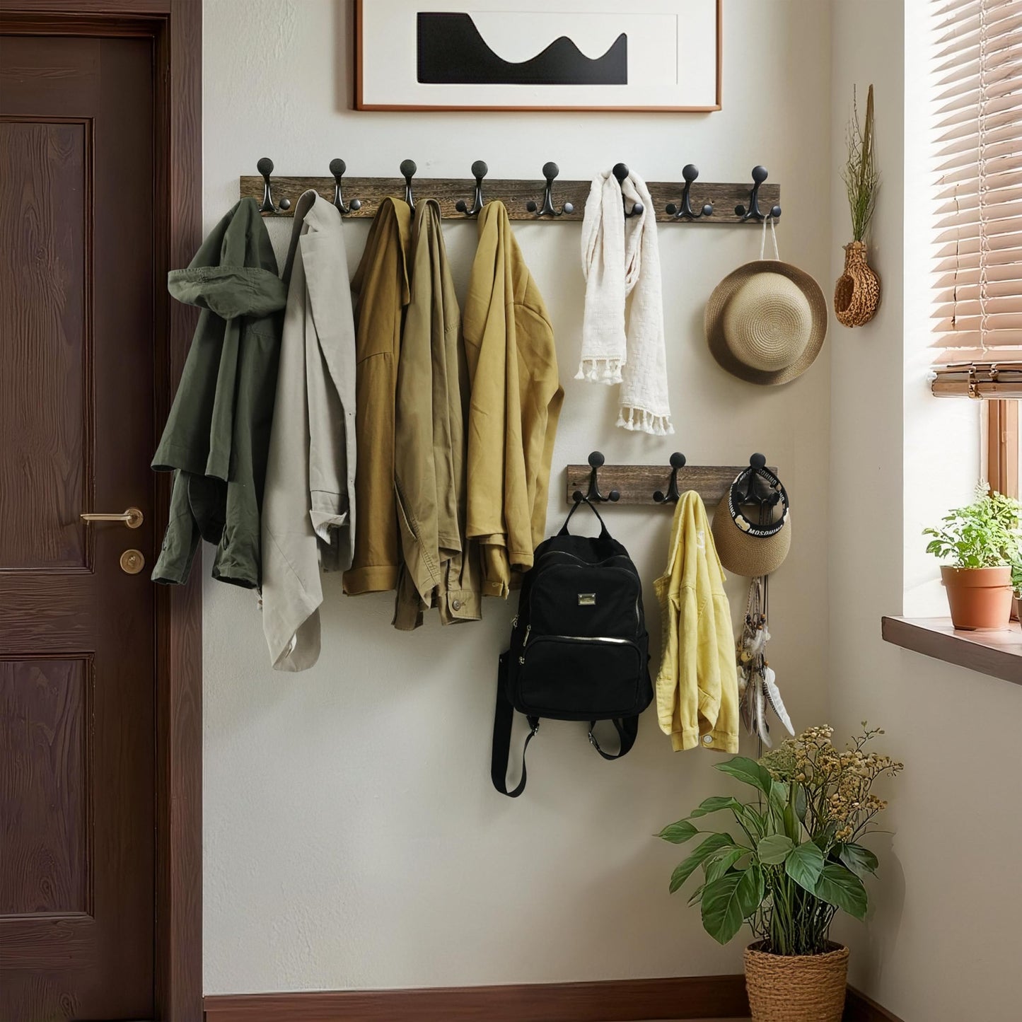 WEBI Coat Rack Wall Mount,24" Solid Wood Coat Hooks Wall Mounted Coat Hanger,16" Hole to Hole,Heavy Duty Hook Rack Rail,4 Triple Hooks for Hanging Coats,Jacket,Clothes,Hat,Backpack,Weathered Brown