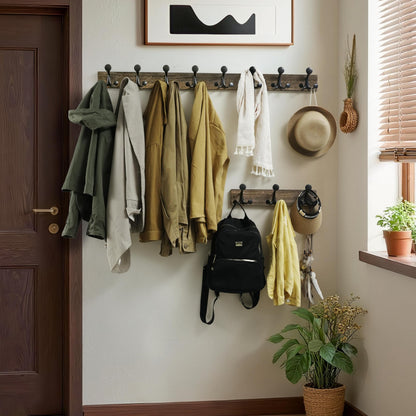 WEBI Coat Rack Wall Mount,24" Solid Wood Coat Hooks Wall Mounted Coat Hanger,16" Hole to Hole,Heavy Duty Hook Rack Rail,4 Triple Hooks for Hanging Coats,Jacket,Clothes,Hat,Backpack,Weathered Brown