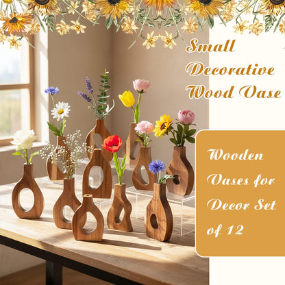 Blulu Set of 12 Small Wooden Vases Bulk for Centerpiece Mini Acacia Wood Vase for Faux Flowers Housewarming Gift Boho Minimalist Home Decor for Kitchen Table Living Room(Natural)